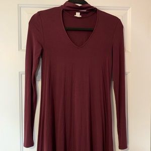 Burgundy Knee Length Cotton Dress